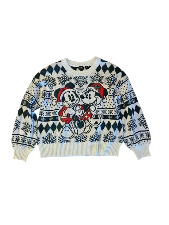 Disney Crewneck Mickey and Minnie Holiday Sweater in White, Green & Red Sz Med - Picture 1 of 4